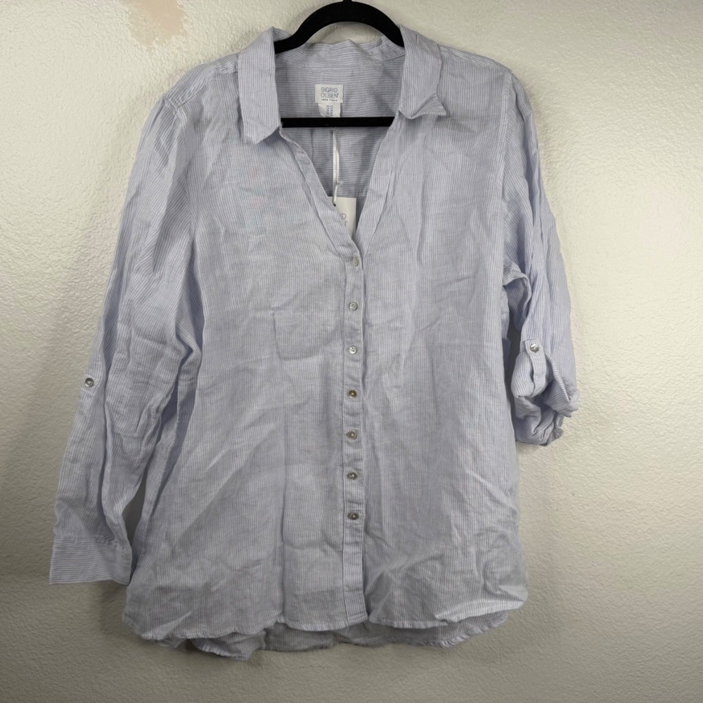 NWT Sigrid Olsen Women's Top Blue Sz 1X Linen Button Up Roll Tab Coastal Boho
